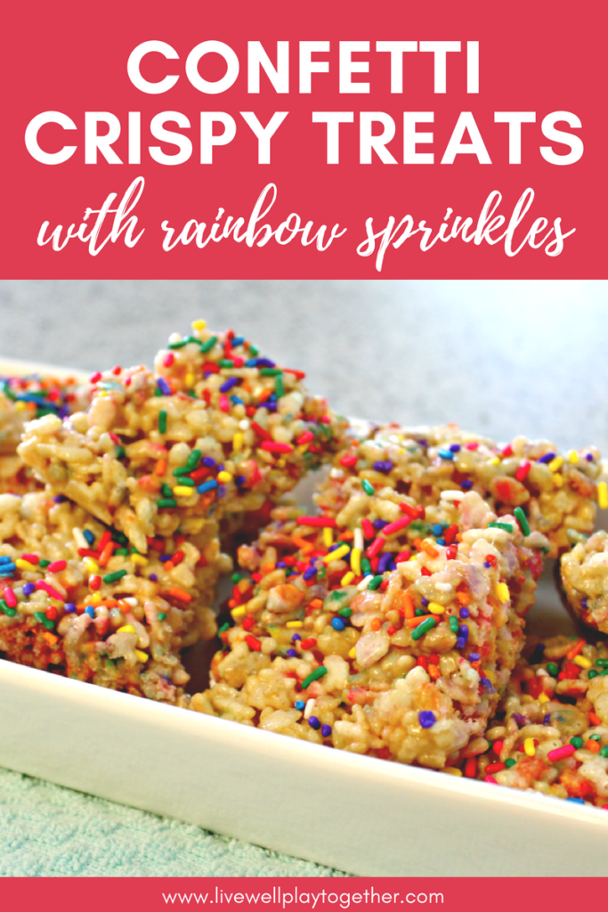 These rainbow sprinkle crispy treats are a fun twist on traditional rice krispy treats. Fun, kid-friendly recipe that turns out perfectly every time. #ricekrispies #cookingwithkids #kidfriendlyrecipes #crispytreats #rainbowsprinkles #partyfood 