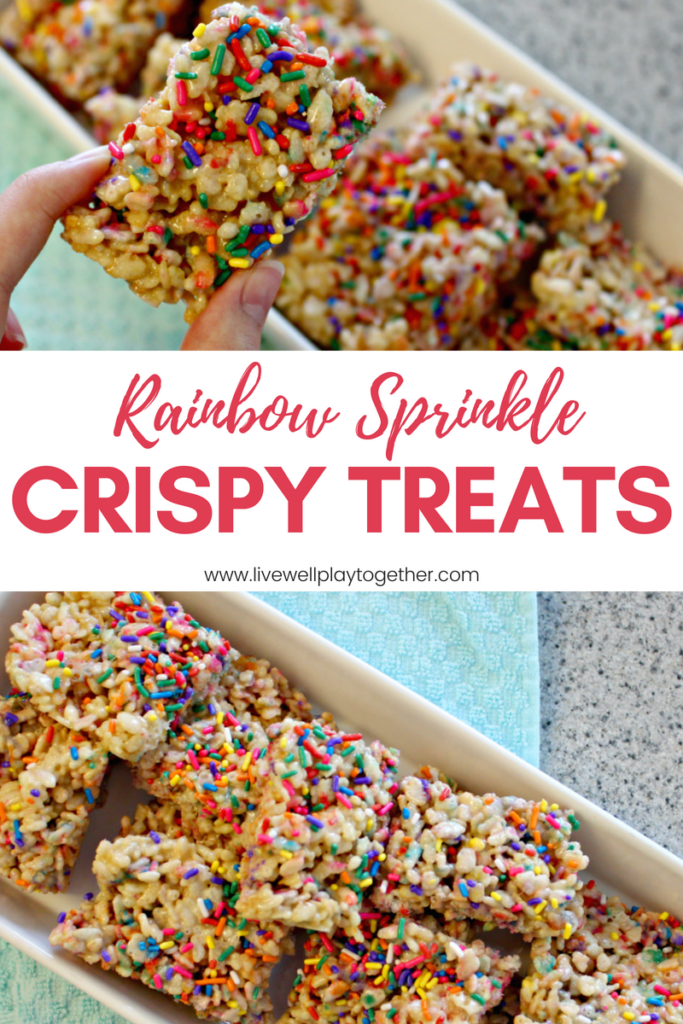 These rainbow sprinkle crispy treats are a fun twist on traditional rice krispy treats. Fun, kid-friendly recipe that turns out perfectly every time. #ricekrispies #cookingwithkids #kidfriendlyrecipes #crispytreats #rainbowsprinkles #partyfood 