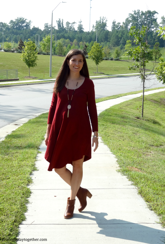 Burgandy shift dress and ankle boots - perfect outfit to transition to fall!