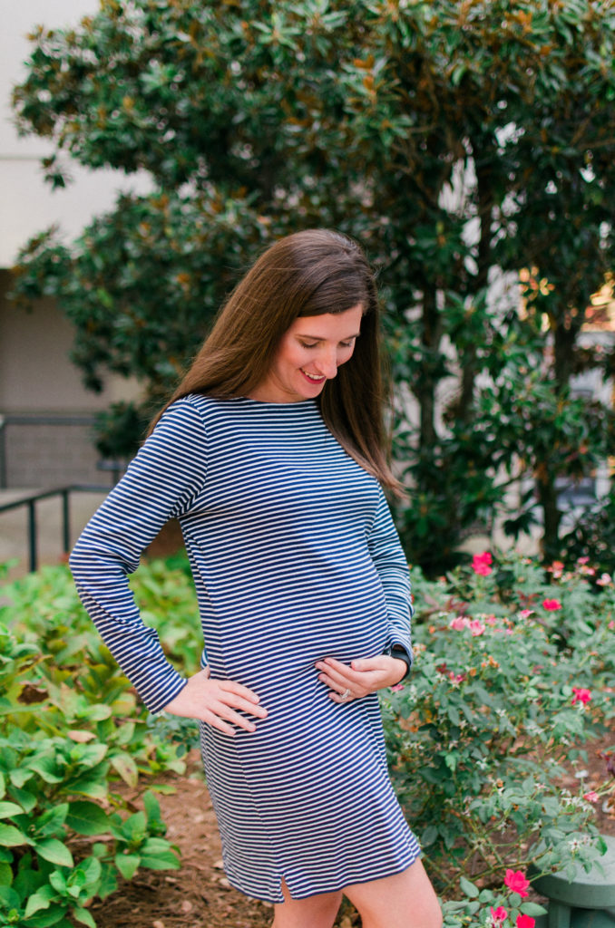 Maternity Fashion Tip -Don't rush to buy maternity clothes! Check your closet for loose fitted dresses that will still fit over the early bump!