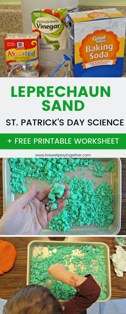 Your classic baking soda and vinegar science experiment for kids with a St. Patrick's Day twist! Leprechaun sand is the perfect St. Patrick's Day science experiment for preschoolers and elementary kids! It's also a great science experiment you can do at home with supplies from your pantry! Plus - a free printable worksheet to review some of the concepts from the experiment and help with discussion for kids! #preschoolscience #stpatricksday #stpatricksdaycrafts #stpatricksdayactivities #stpatricksdayscience #freescienceworksheets #kindergartenlessonplans #stpatricksdayunitstudy
