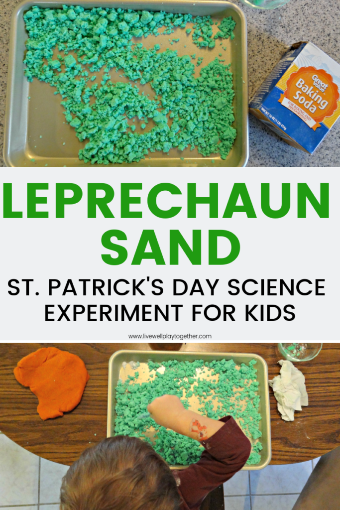 A simple and fun science experiment for kids this St. Patick's Day! This leprechaun sand is a St. Patrick's Day take on the classic vinegar and baking soda experiment and is the perfect St. Patrick's Day activity for kids that you can do at home! Plus - grab your free printable worksheet for teaching and discussing lessons from the experiment with your kids. #stpatricksdayactvities #stpatricksdayscience #totschoolscience #preschoolscience #kindergartenlessonplans #scienceforkids