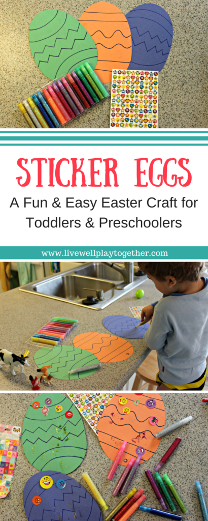 Sticker Eggs are a fun and easy Easter craft that your toddlers and preschoolers will love. Ready in just 5 minutes and easy clean-up. Perfect for a quick craft project! #Easter #Eastercrafts #easteregg #toddlercrafts #finemotorskills #stickers #preschool #preschoolcrafts