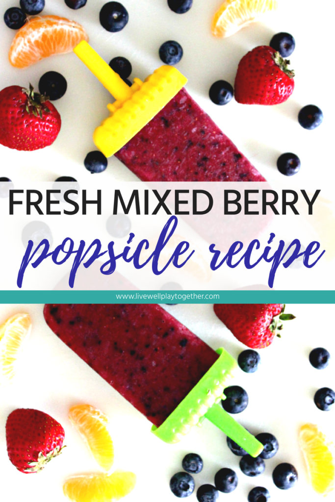 Homemade Strawberry-Blueberry Popsicles from Live Well Play Together. These homemade mixed berry pops are the perfect treat to cool off during the summer. Quick, healthy, and kid-friendly! #popsicles #frozenpops #icepops #healthysnacks #summersnacks #summerfood #strawberries #blueberries #kidfriendlyrecipes