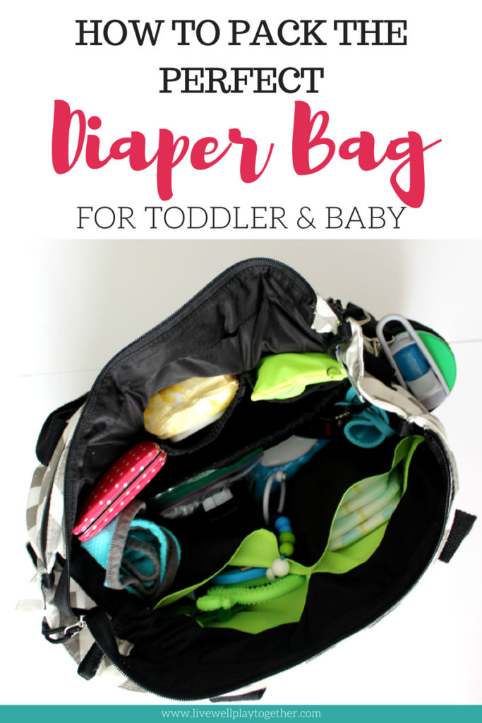 How to Pack the Perfect Diaper Bag: Diaper Bag Essentials for Toddler and Baby from Live Well Play Together Blog | #diaperbag #whatsinmybag #babygear #babyessentials #diaperbagreview 