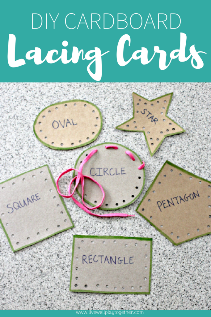 Lacing cards are a great tool for fine motor skills, hand-eye coordination, & more! They are also easy to make at home! These easy DIY Lacing Cards are great for your toddler or preschooler! From livewellplaytogether.com | #lacingcards #preschoolactivities #toddleractivities #finemotorskills #finemotordevelopment 