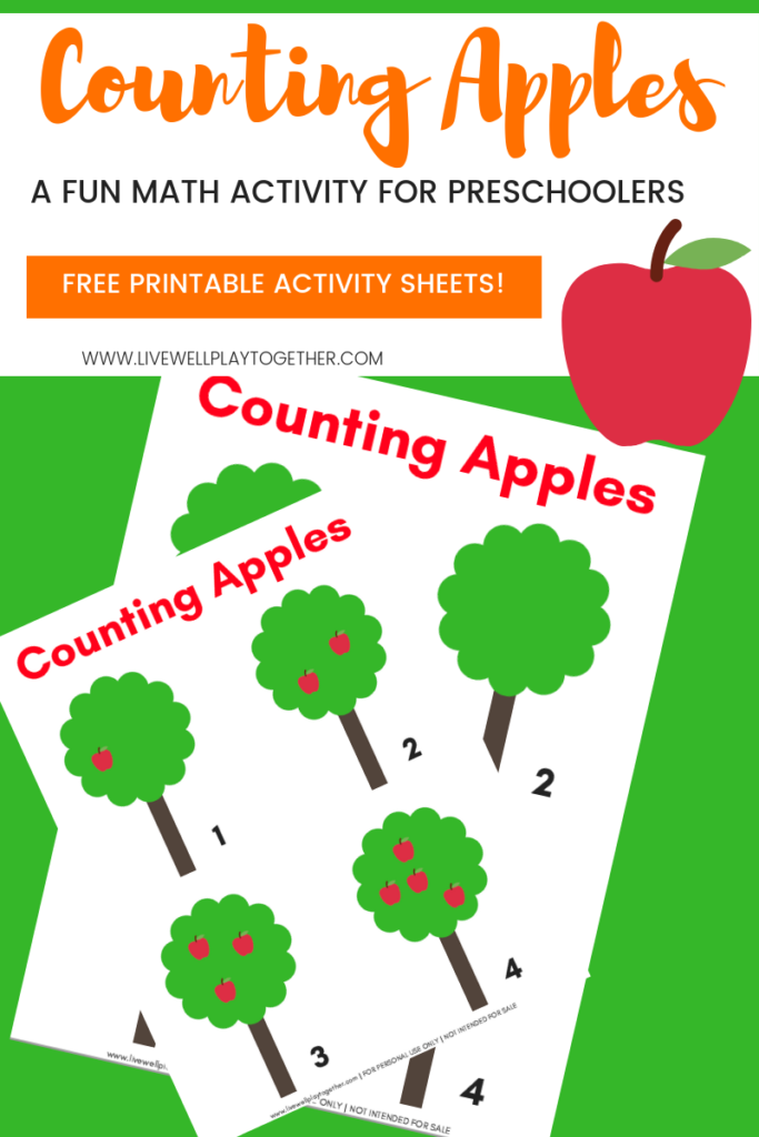 This apple counting activity is a fun math activity for preschoolers. Great for number sense, representation, comparing, and one to one correspondence. Also includes FREE printable apple counting worksheets and flashcards. From livewellplaytogether.com | #preschoolactivities #preschoolmath #applelessonplans #appleunitstudy #applethemedmath #countingapples 