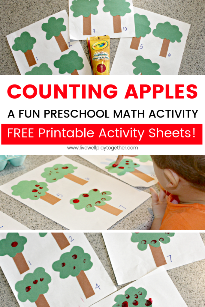 This apple counting activity is a fun math activity for preschoolers. Great for number sense, representation, comparing, and one to one correspondence. Also includes FREE printable apple counting worksheets and flashcards. From livewellplaytogether.com | #preschoolactivities #preschoolmath #applelessonplans #appleunitstudy #applethemedmath #countingapples 