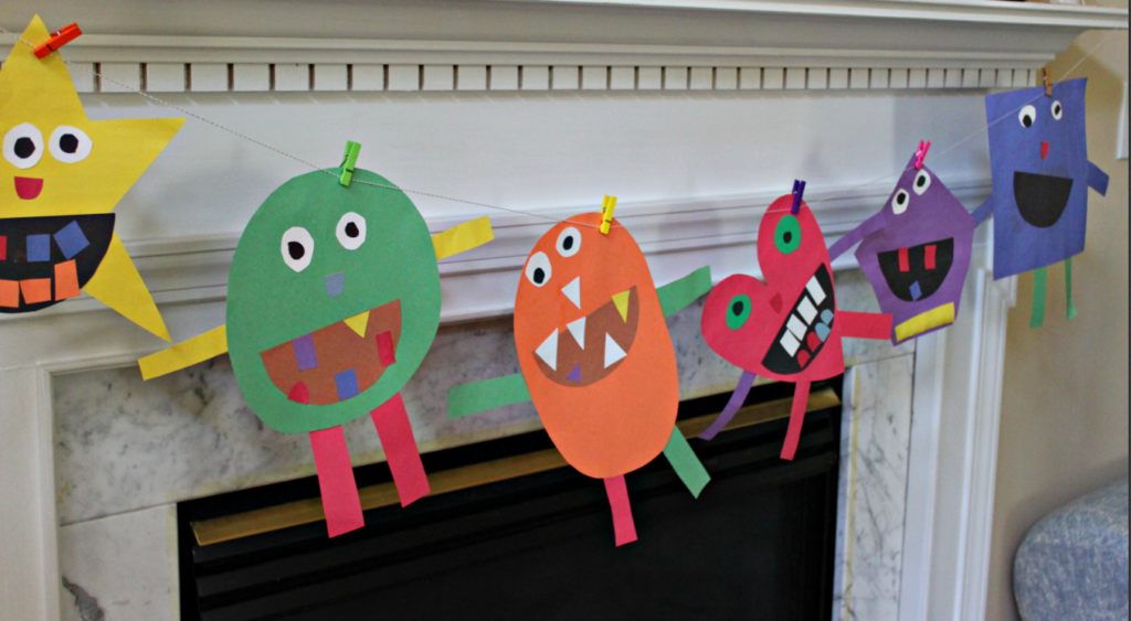 Shape Monsters are an easy way to teach shapes and colors to kids and make a great Halloween craft. This shape monster craft is easy to put together and lots of fun to create! Perfect for preschoolers and kindergarteners. From livewellplaytogether.com | #shapemonsters #teachingshapes #shapesactivity #preschoolshapes #learnshapes #halloweencrafts 