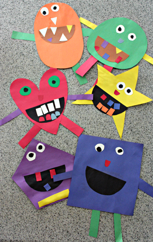 Shape Monsters are an easy way to teach shapes and colors to kids and make a great Halloween craft. This shape monster craft is easy to put together and lots of fun to create! Perfect for preschoolers and kindergarteners. From livewellplaytogether.com | #shapemonsters #teachingshapes #shapesactivity #preschoolshapes #learnshapes #halloweencrafts 