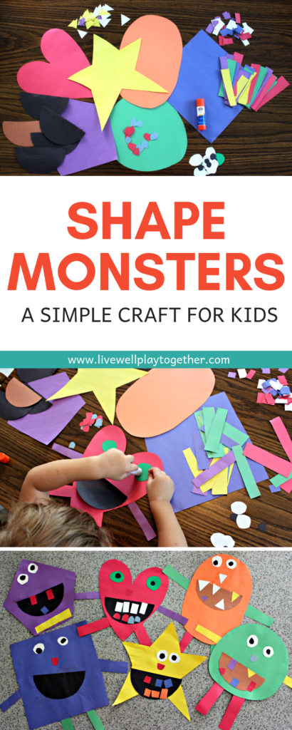 Shape Monsters are an easy way to teach shapes and colors to kids and make a great Halloween craft. This shape monster craft is easy to put together and lots of fun to create! Perfect for preschoolers and kindergarteners. From livewellplaytogether.com | #shapemonsters #teachingshapes #shapesactivity #preschoolshapes #learnshapes #halloweencrafts 