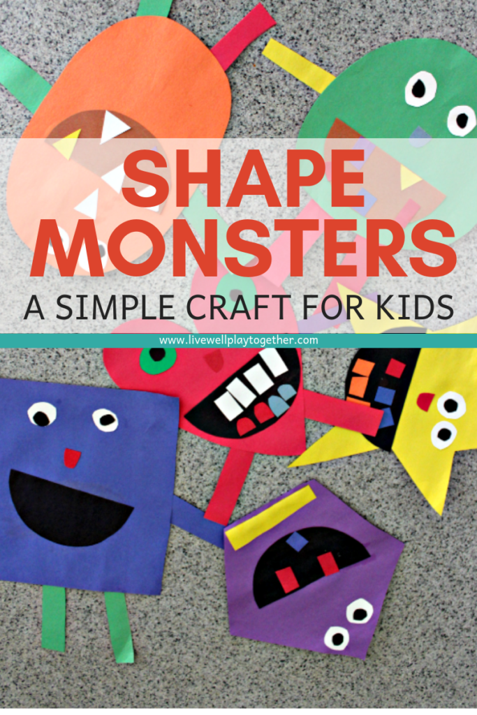 Shape Monsters are an easy way to teach shapes and colors to kids and make a great Halloween craft. This shape monster craft is easy to put together and lots of fun to create! Perfect for preschoolers and kindergarteners. From livewellplaytogether.com | #shapemonsters #teachingshapes #shapesactivity #preschoolshapes #learnshapes #halloweencrafts 