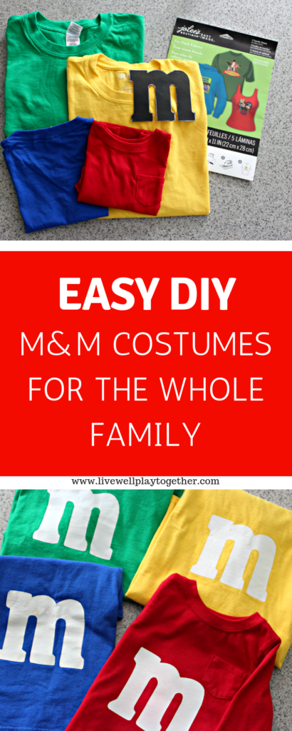Fun, easy to make DIY M&M costumes. inspired by the classic M&M candies. FUN idea for last minute costumes and great for family costumes or group costumes! from livewellplaytogether.com #halloween #diycostumes #groupcostumeideas #costumesideasforkids