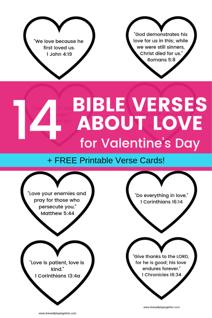 Are you looking for a way to teach scripture to kids this Valentine's Day? Here are 14 Bible verses about God's love you can use with your kids this Valentine's Day. FREE printable Valentine's cards! #valentinesday #bibleversesforkids #childrenschurch 