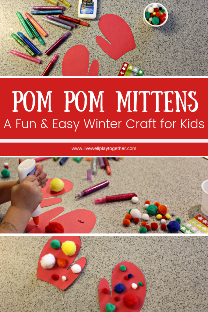 Pom Pom Mittens are a fun winter craft for kids! Great pom pom craft can go along with many winter books for your winter preschool themes! Practice color recognition and fine motor skills! Free mitten template included. 