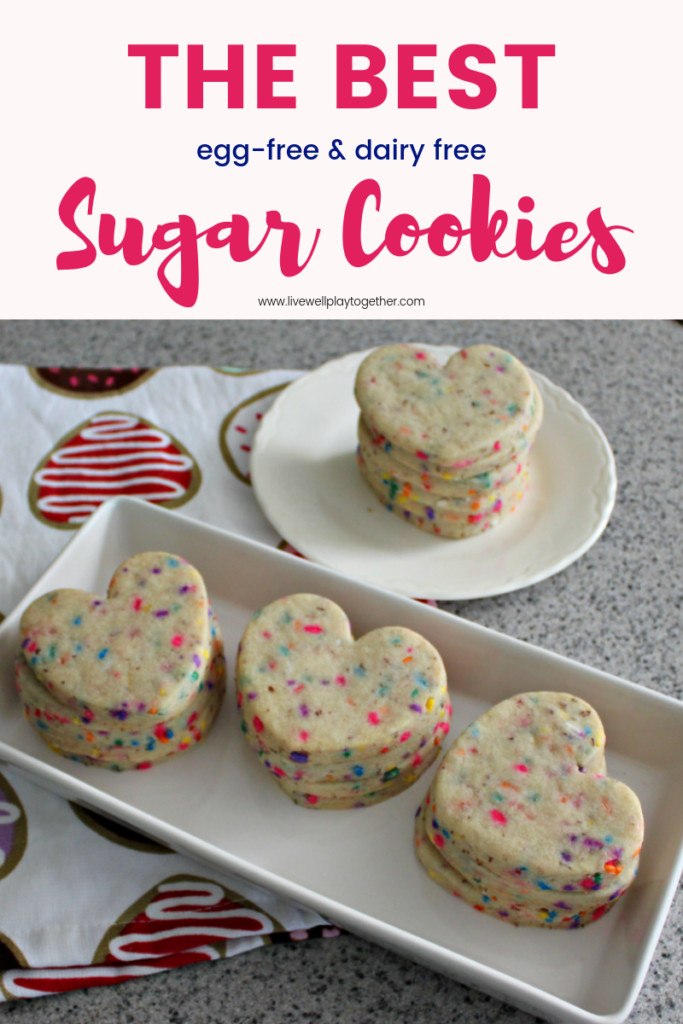 These egg-free and dairy-free sugar cookies are easy to make, don't require chilling, hold their shape, and taste DELICIOUS.  Our go-to recipe for roll out sugar cookies! And they are perfect for baking with kids! #sugarcookies #rolloutcookies #eggfree #dairyfree #bakingwithkids