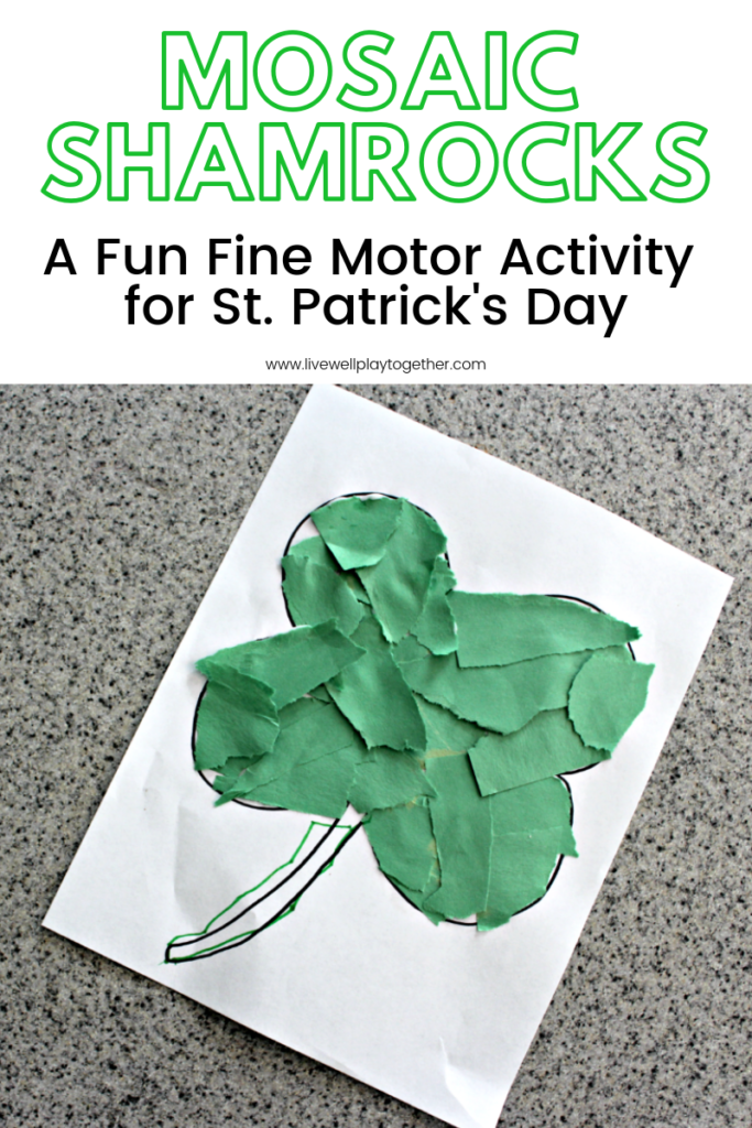 Torn paper crafts are a great way to encourage fine motor development for kids. This torn paper mosaic shamrock is a fun St. Patrick's Day paper craft fthat your kids will love! #stpatrikcksdaycrafts #tornpapercraft #paperandgluecraft #finemotoractivity #papermosaic