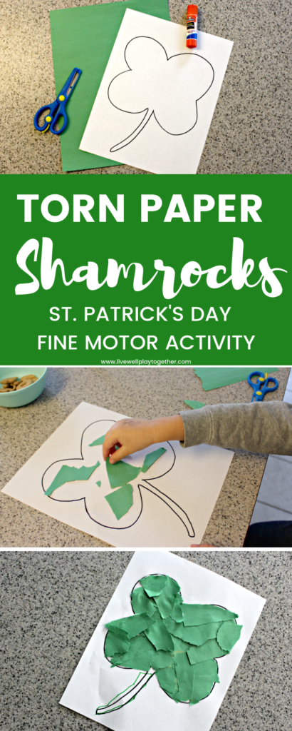 Torn paper crafts are a great way to encourage fine motor development for kids. This torn paper shamrock is a fun St. Patrick's Day paper craft fthat your kids will love! #stpatrikcksdaycrafts #tornpapercraft #paperandgluecraft #finemotoractivity