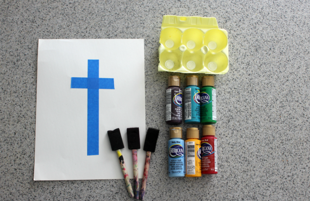 How to Make and Easter Cross Tape Resist Craft supplies - paper, painter's tape, foam brushes, acrylic paint