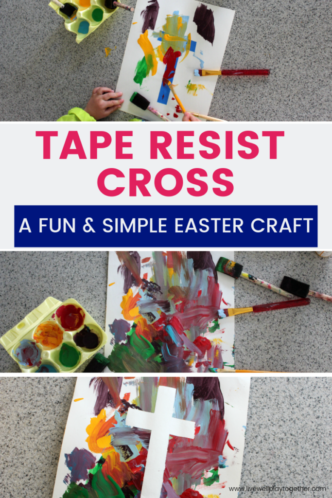 This tape resist cross is an easy & fun Easter craft for kids.  It's the perfect Easter craft for Sunday school, or at home.  Just 4 supplies and easy to set up; i's a great way to teach children about Easter!  #Easetercrafts #Eastercraftideas #resistartideas #taperesistart #taperesistcross #eastercross