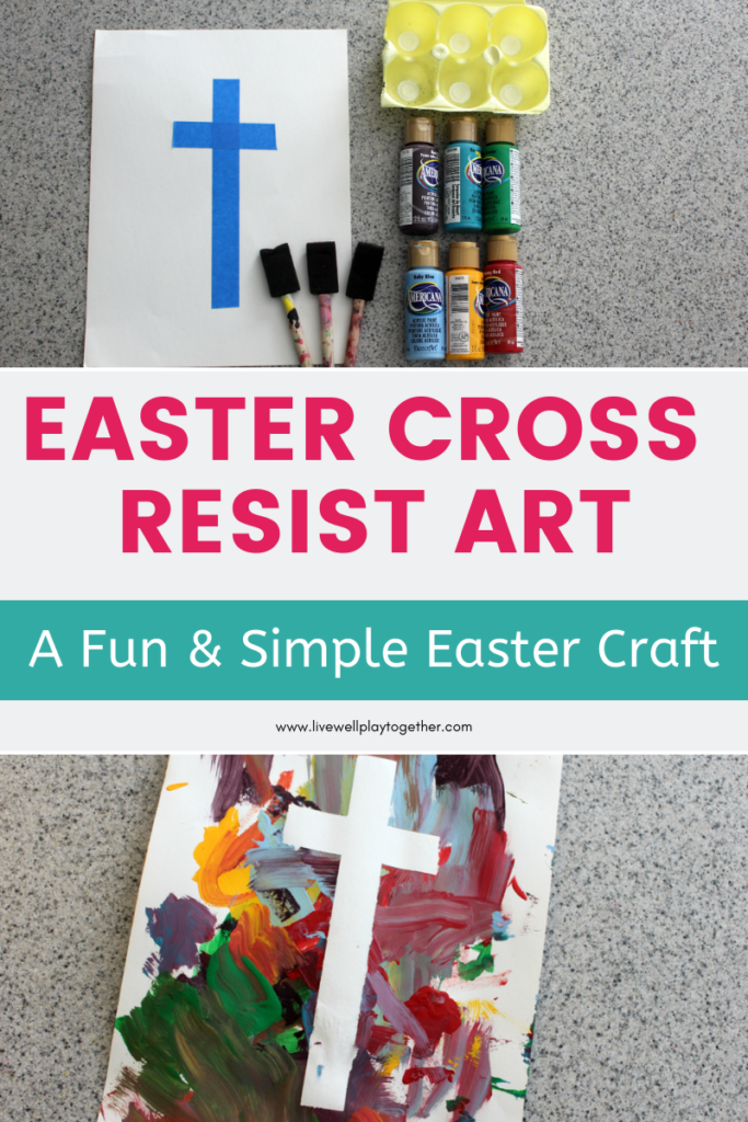 This tape resist cross is a simple & fun Easter craft for kids of all ages  It's the perfect Easter craft for Sunday school, or at home.  Just 4 supplies and easy to set up; i's a great way to teach children about Easter!  #Easetercrafts #Eastercraftideas #resistartideas #taperesistart #taperesistcross #eastercross