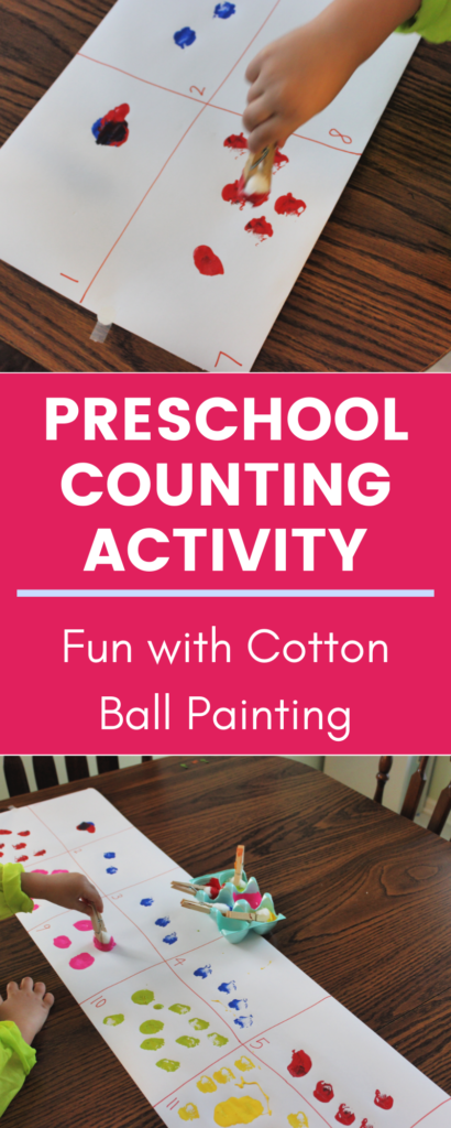 This cotton ball painting activity is an easy way to practice number sense and counting (plus fine motor skills!).  A great preschool counting activity you can do at home with your child today! 