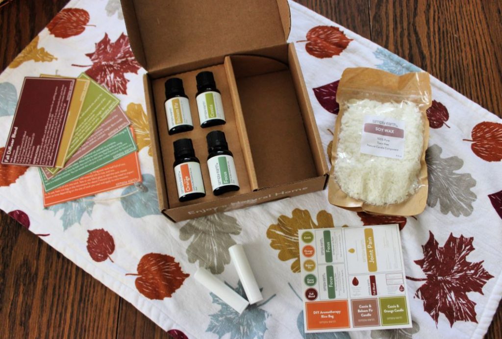 Contents of Simply Earth Essential Oil Recipe Box Subscription Fall themed box