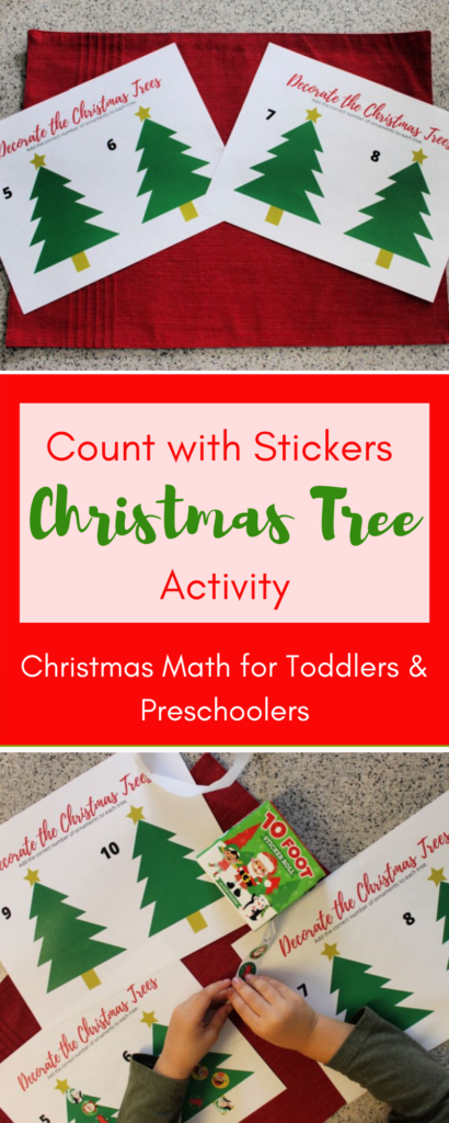 A fun Christmas math activity for your preschooler - counting with stickers to decorate a Christmas tree.  Practice numbers 1-10 with this printable Christmas activity!