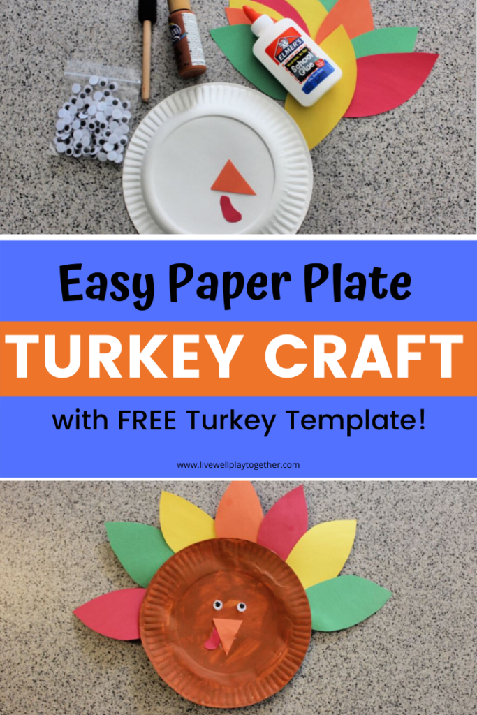 This paper plate turkey craft is a simple and fun Thanksgiving craft for kids.  It's easy to prep and put together with a free, printable turkey template.  Kids will love creating patterns with their turkey feathers, practice fine motor skills as they paint and glue the pieces together, and may even go a step farther and use each feather on their turkey craft to write down things or people they are thankful for!