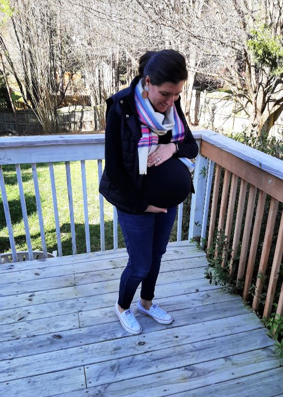 37 Weeks pregnancy update.  Holding baby bump outdoors. Follow along as we prepare for baby #3!