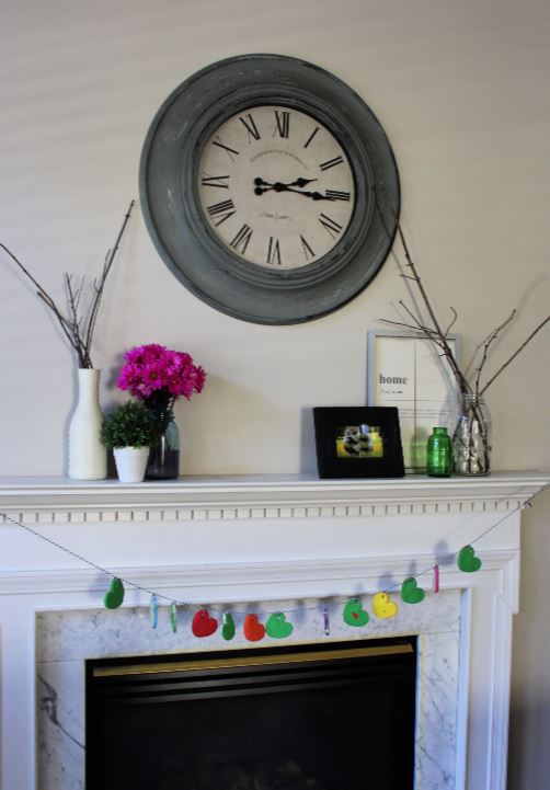 Family Fireplace decorated for Valentine's Day with Salt Dough Heart Ornaments Craft