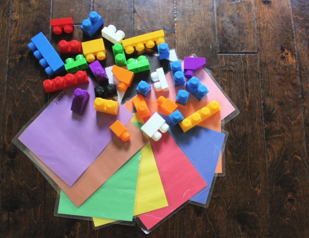 Color sorting activity for toddlers - Mega Bloks and paper