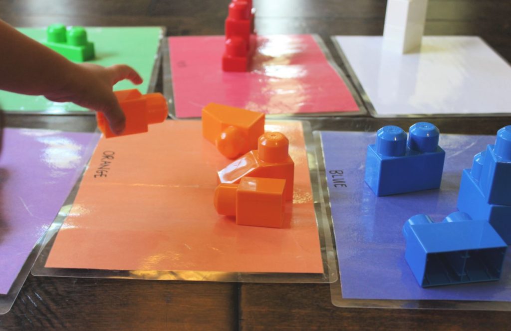 Toddler color sorting activity using Mega Bloks toys to teach colors