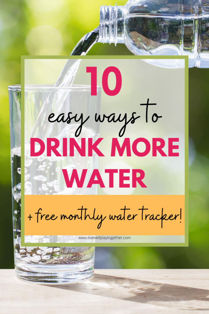 Water pouring from water bottle into a glass. 10 easy ways to drink more water each day plus a printable water tracker to make sure you get enough water daily. 