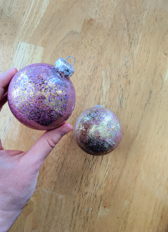 Close up of DIY glitter ornament for Christmas tree